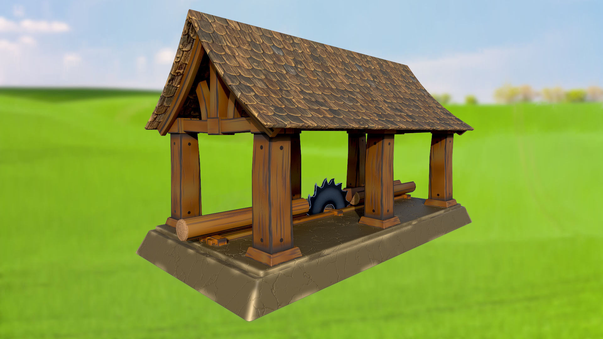 Stylized sawmill for cutting tree logs PBR game ready Low-poly 3D model_2