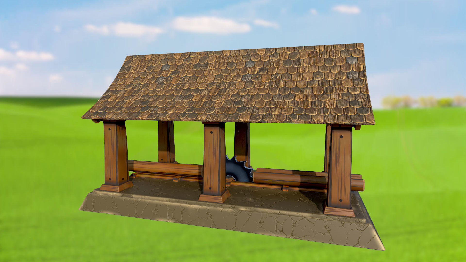 Stylized sawmill for cutting tree logs PBR game ready Low-poly 3D model_4