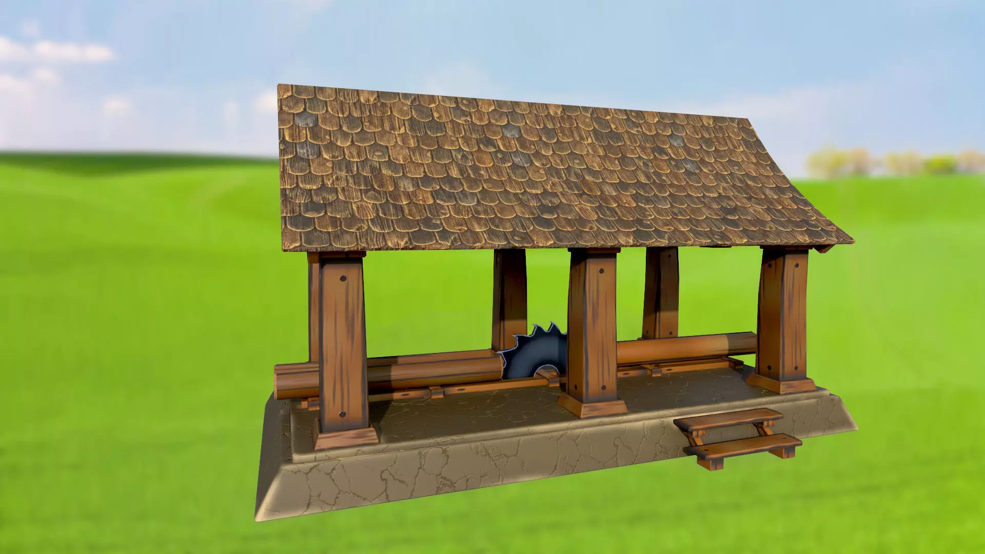 Stylized sawmill for cutting tree logs PBR game ready Low-poly 3D model_0