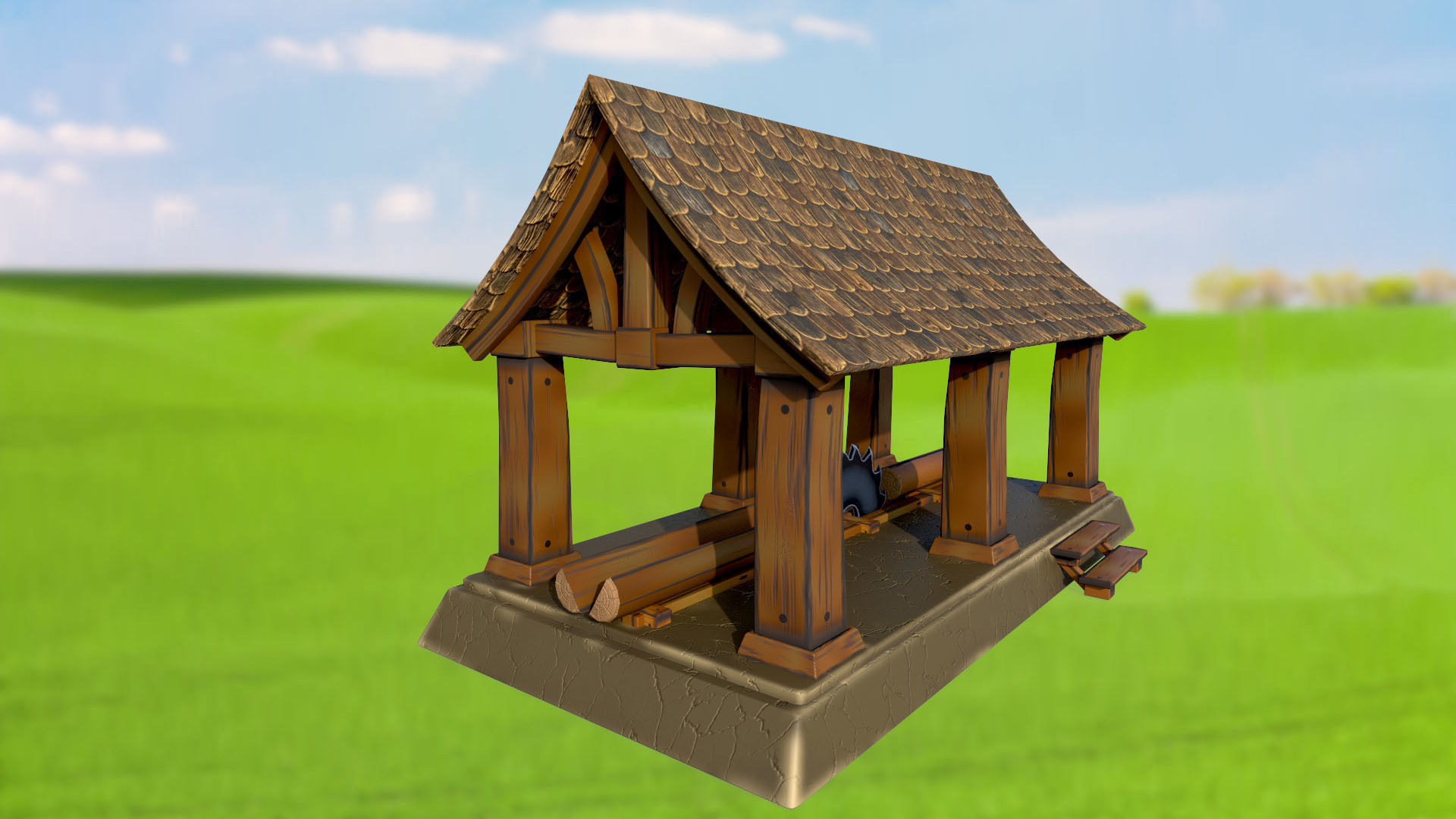 Stylized sawmill for cutting tree logs PBR game ready Low-poly 3D model_3
