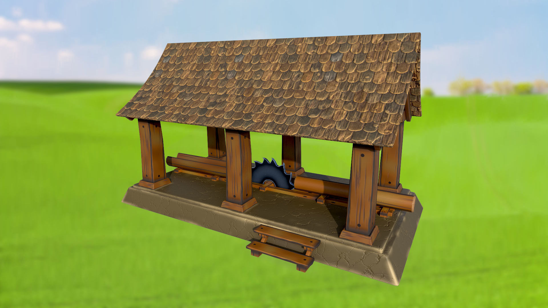 Stylized sawmill for cutting tree logs PBR game ready Low-poly 3D model_1