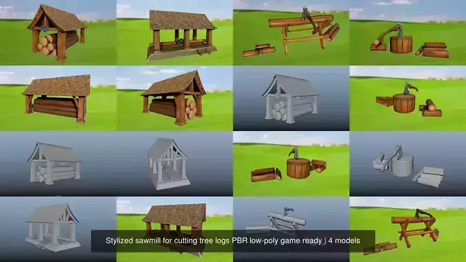 Stylized sawmill for cutting tree logs PBR low-poly game ready 3D Model Collection