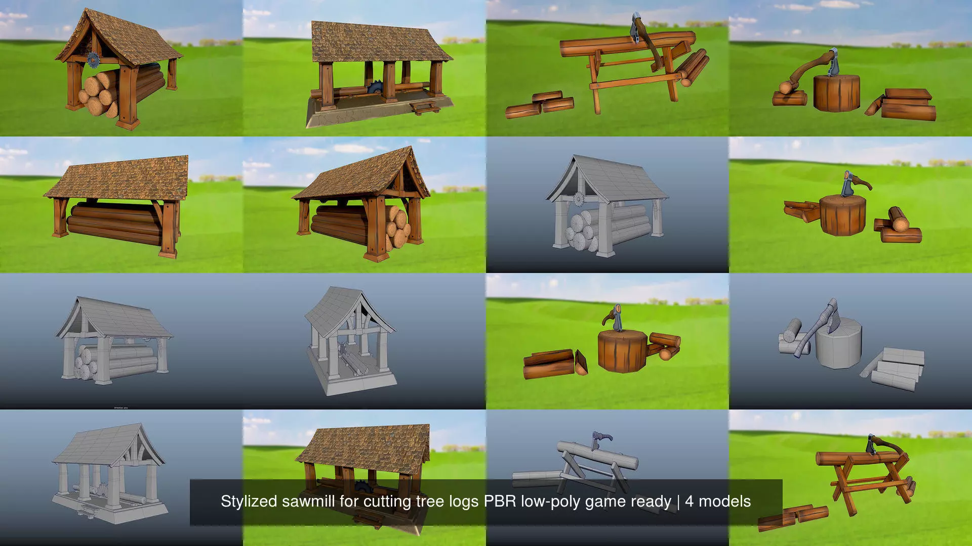 Stylized sawmill for cutting tree logs PBR low-poly game ready 3D Model Collection_0