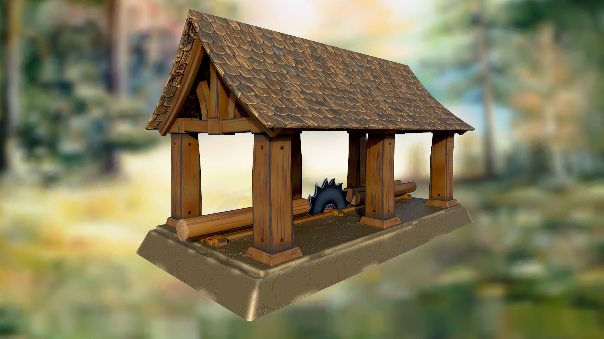 Stylized sawmill for cutting tree logs PBR low-poly game ready 3D Model Collection_3