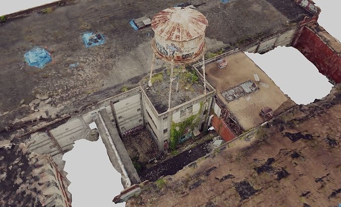 Abandoned Building Courtyard and Water Tower 3D model