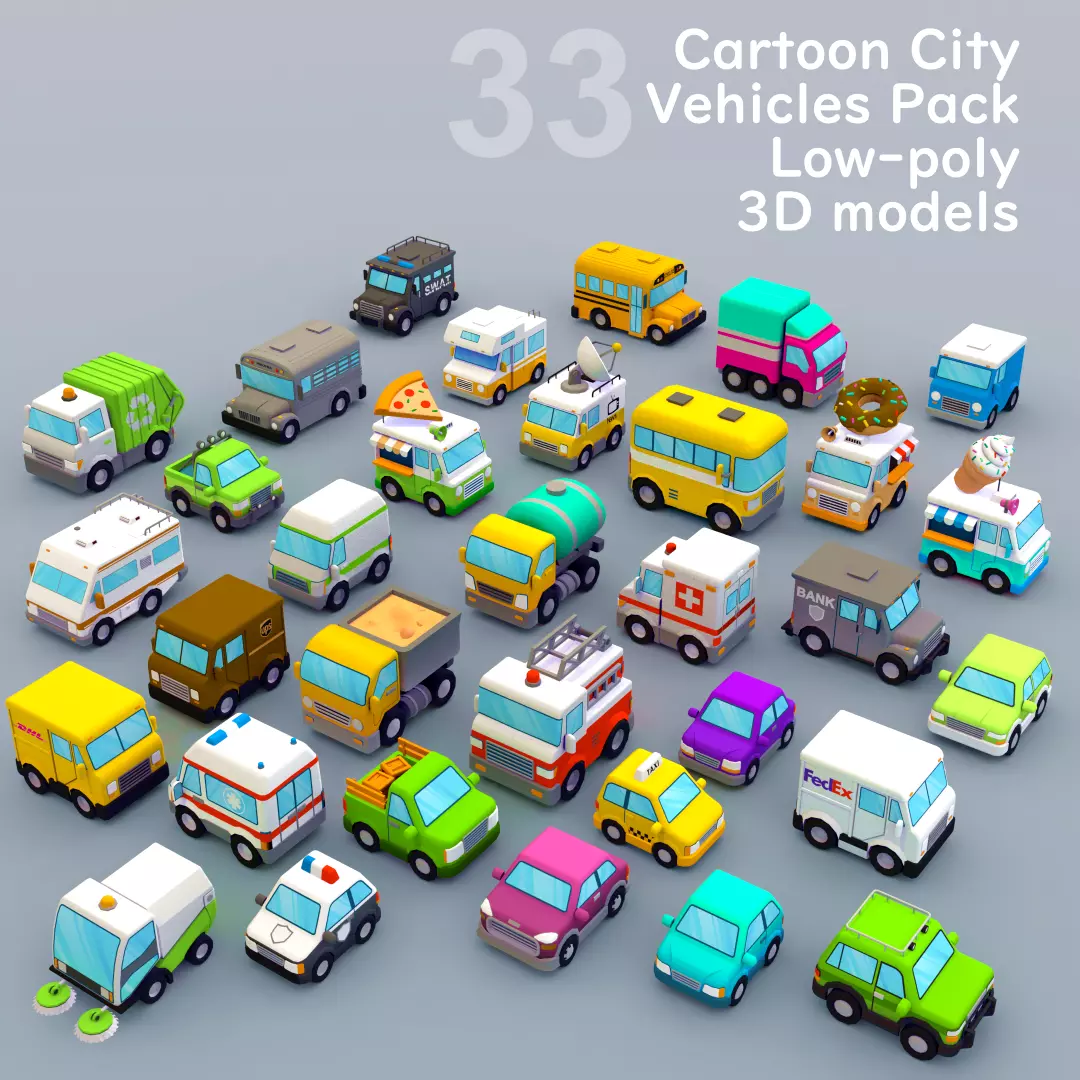33 Cartoon City Vehicles Pack Low-poly 3D model_0