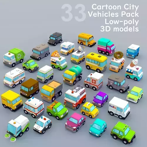 33 Cartoon City Vehicles Pack Low-poly 3D model