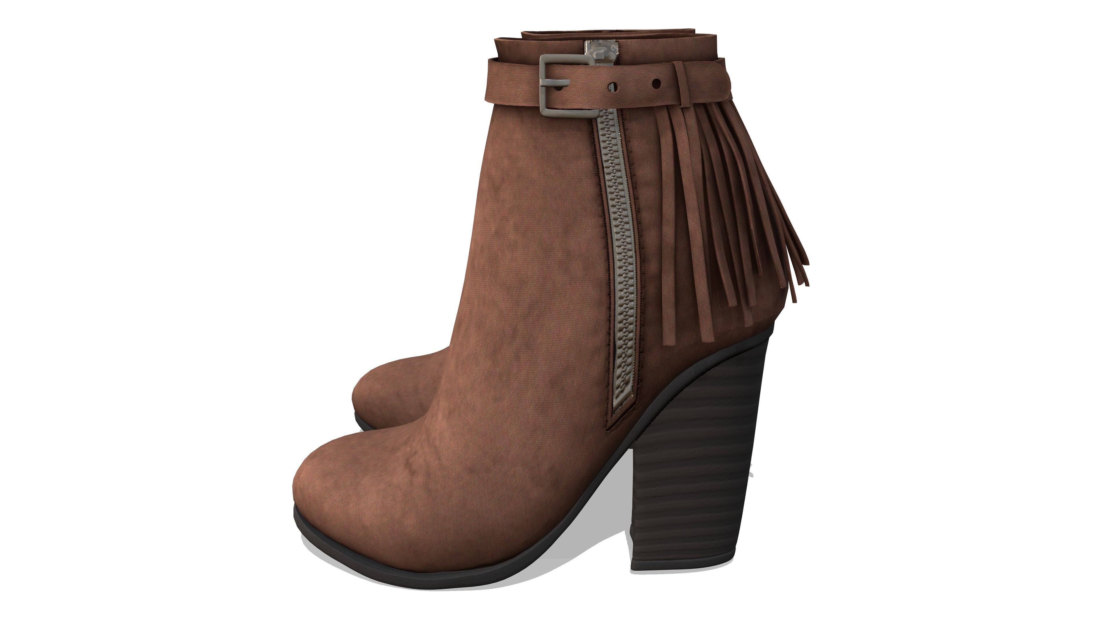 Brown Leather Fringe Ankle Boots With Zipper And Buckles Low-poly 3D model_3