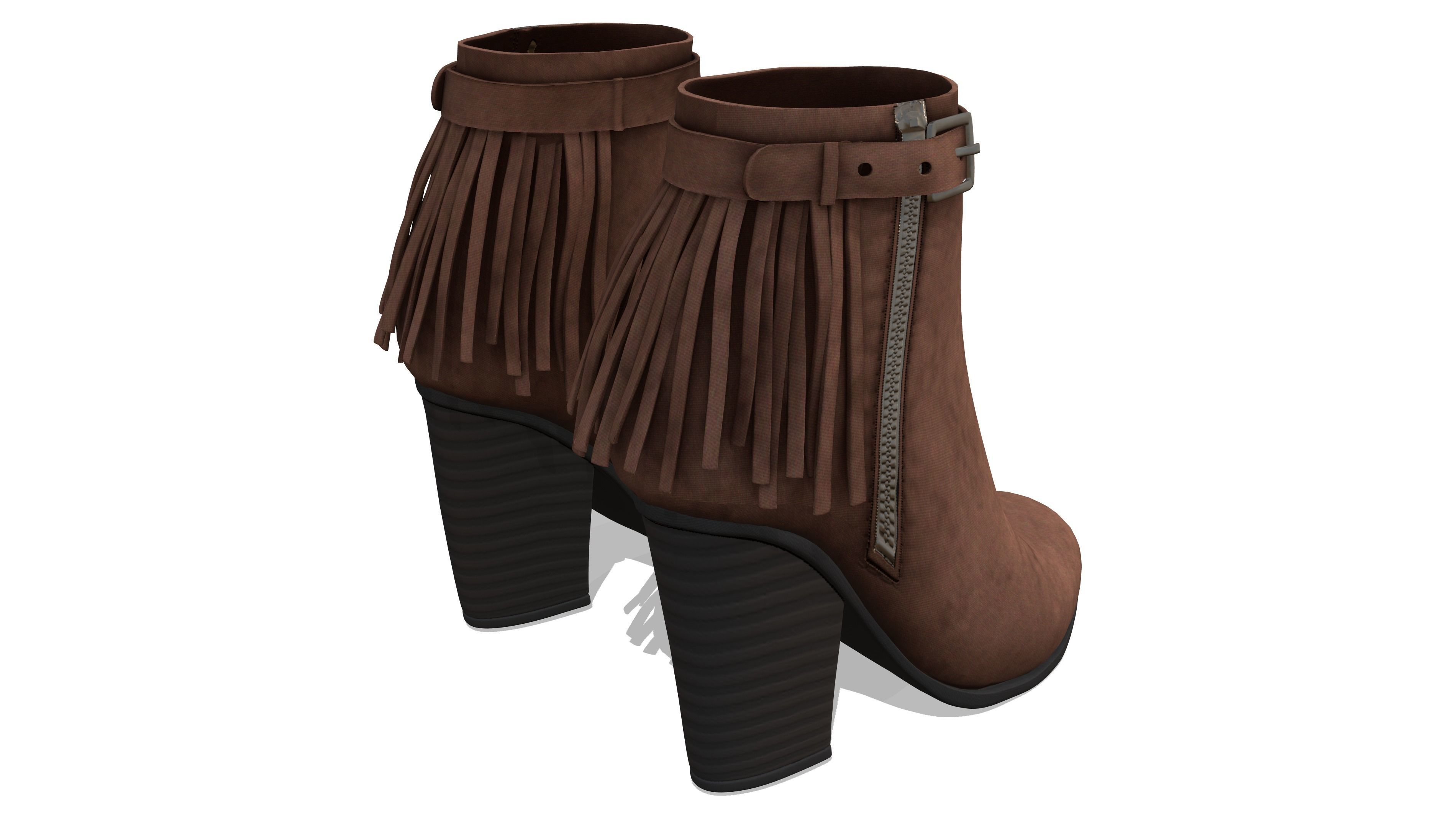 Brown Leather Fringe Ankle Boots With Zipper And Buckles Low-poly 3D model_5