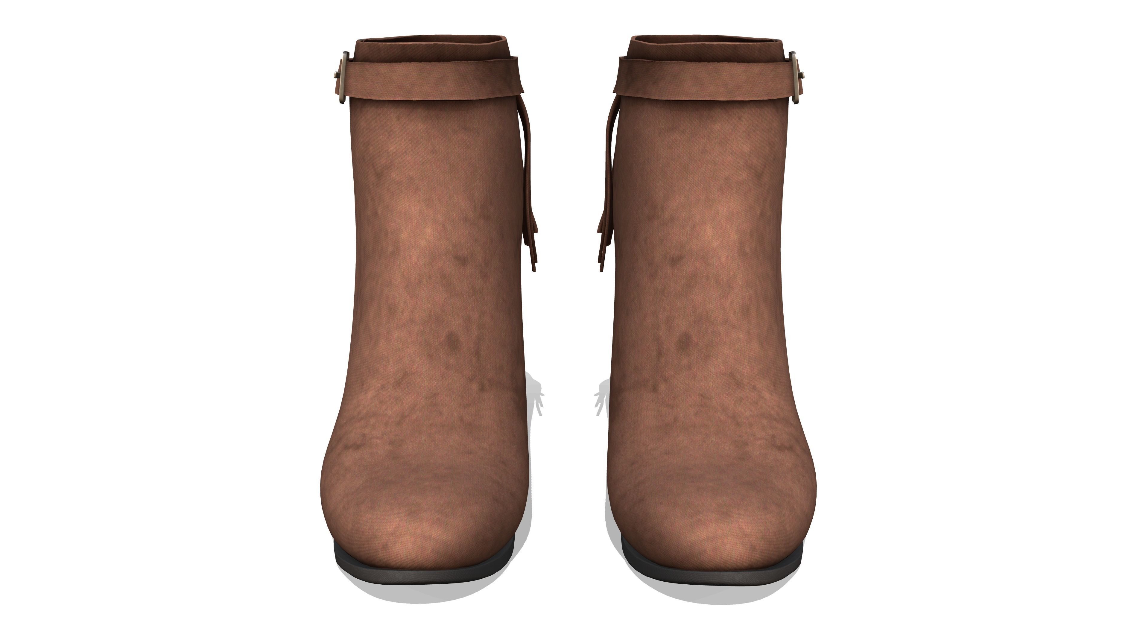 Brown Leather Fringe Ankle Boots With Zipper And Buckles Low-poly 3D model_2