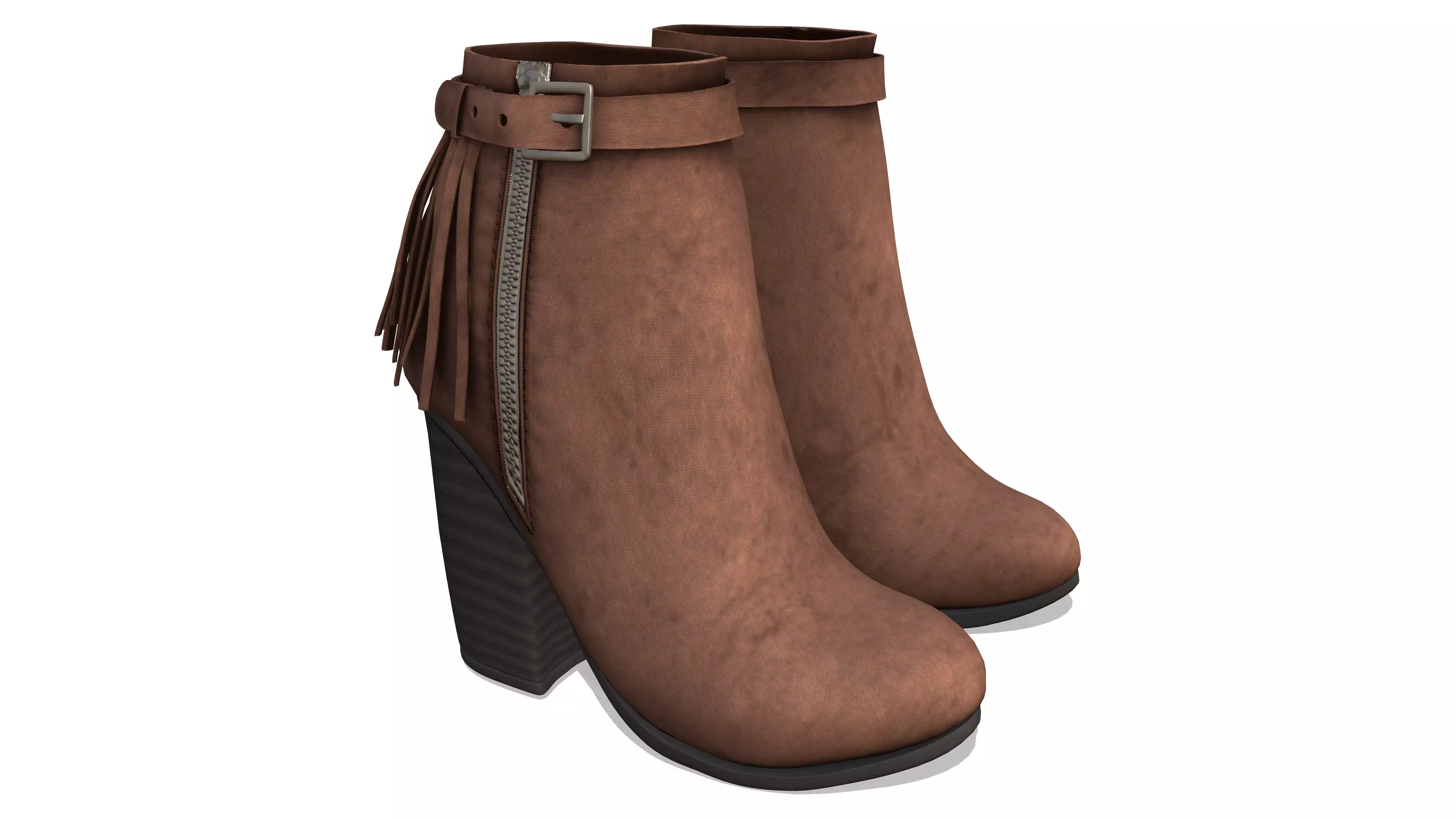 Brown Leather Fringe Ankle Boots With Zipper And Buckles Low-poly 3D model_0