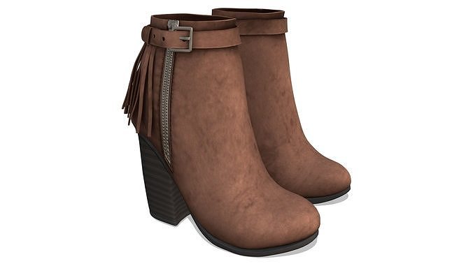 Brown Leather Fringe Ankle Boots With Zipper And Buckles Low-poly 3D model