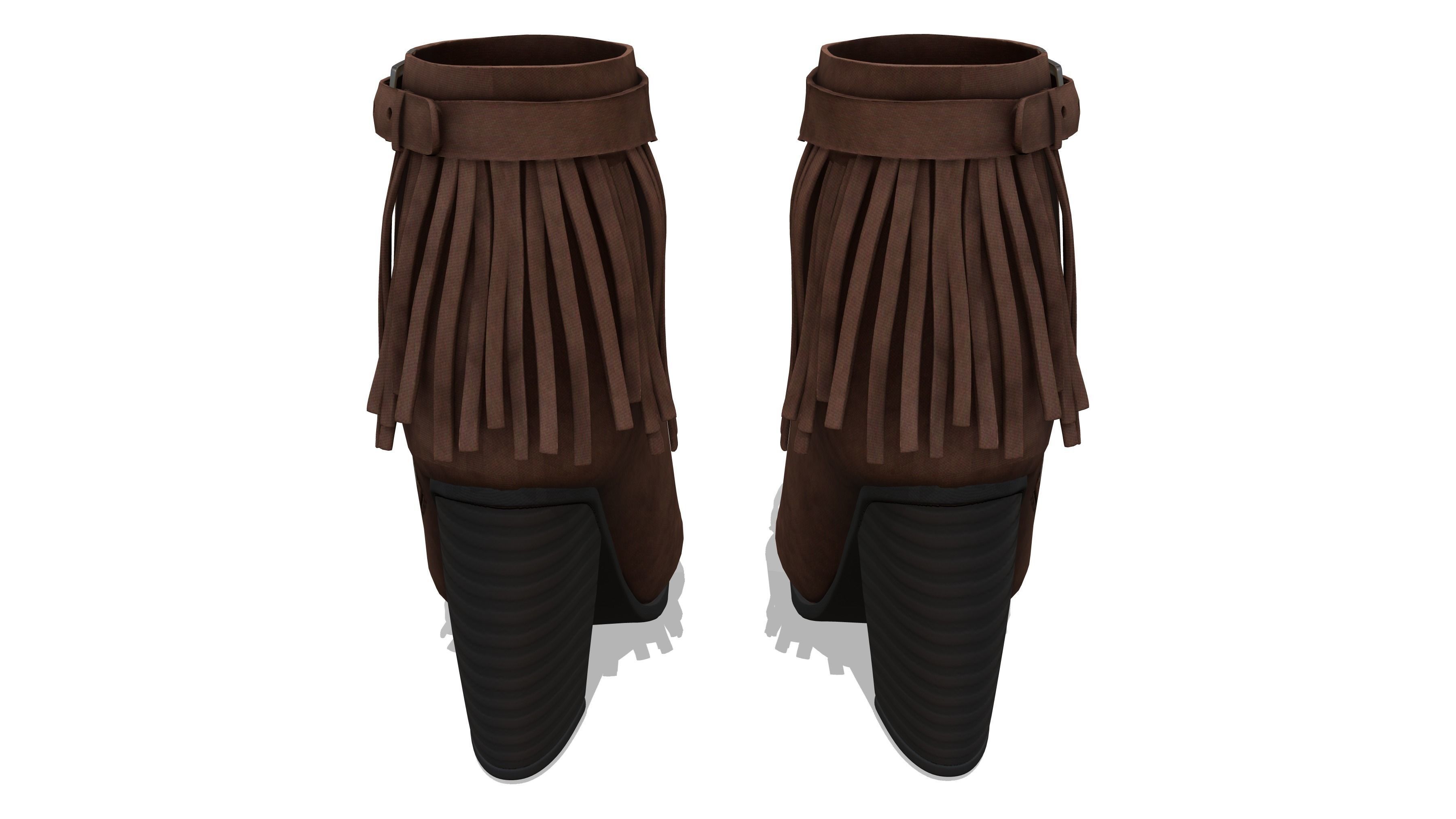 Brown Leather Fringe Ankle Boots With Zipper And Buckles Low-poly 3D model_4