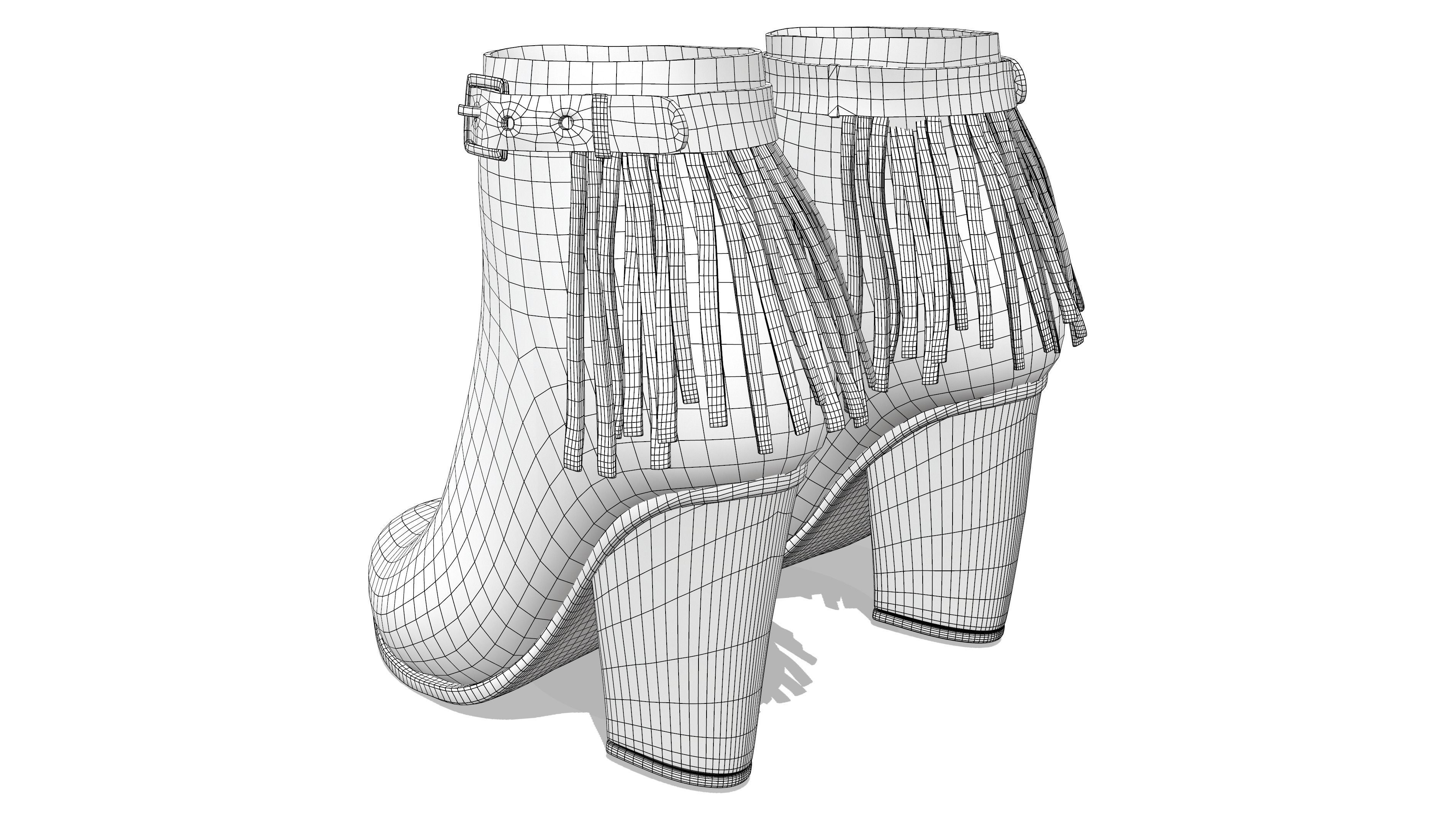 Brown Leather Fringe Ankle Boots With Zipper And Buckles Low-poly 3D model_7