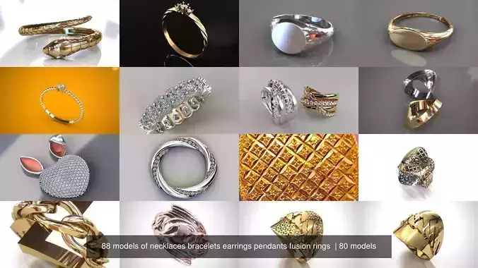 88 models of necklaces bracelets earrings pendants fusion rings  3D Model Collection