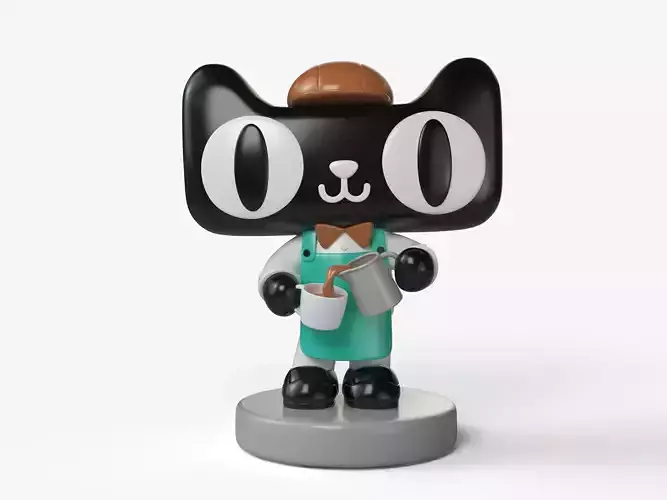 Tmall cat figurine holding cup of coffee