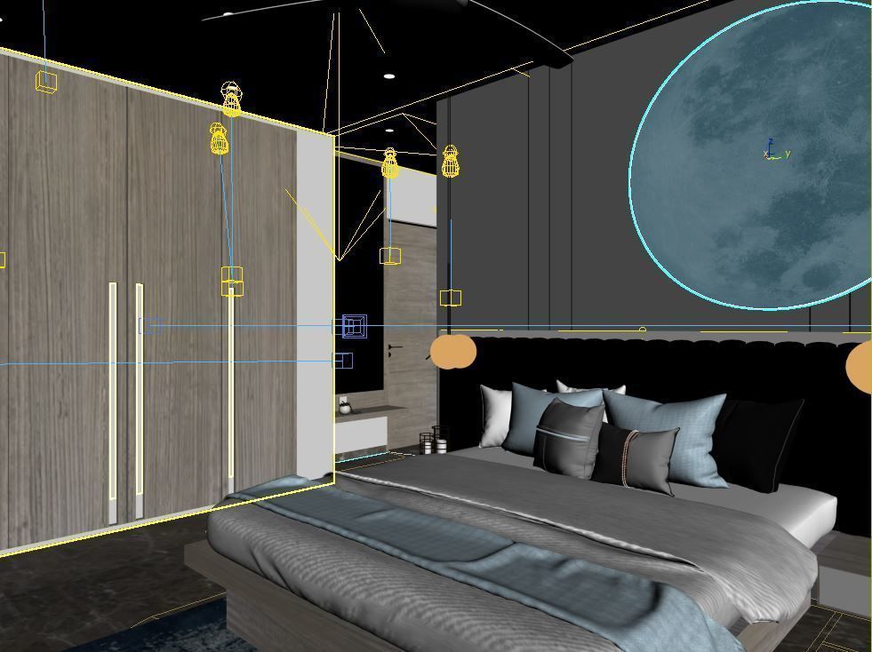 bedroom modern with big bed and mirror 3D model_7