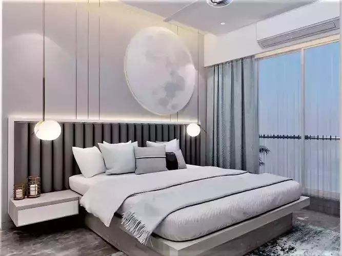 bedroom modern with big bed and mirror