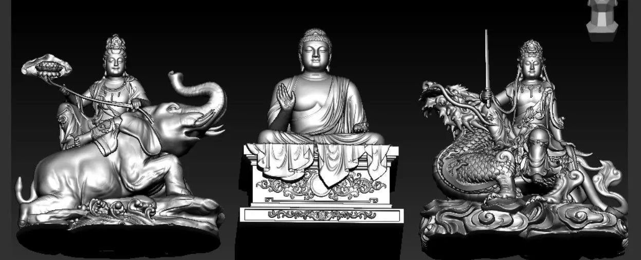 Buddha and Bodhisattva Manjushri and Bodhisattva Universal sage 3D print model_0
