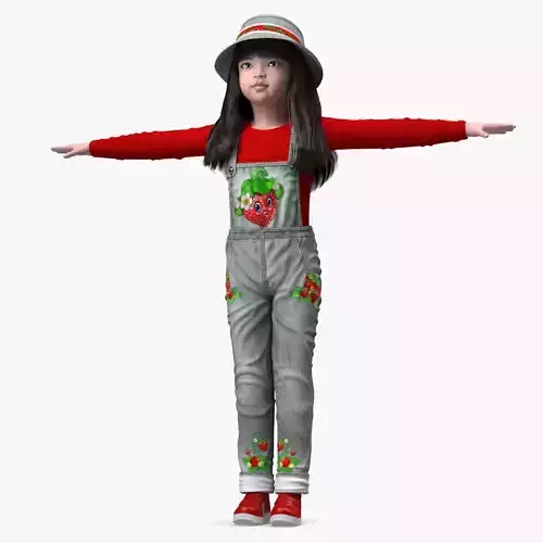 Realistic Chinese Girl Child in Street Dress T-Pose