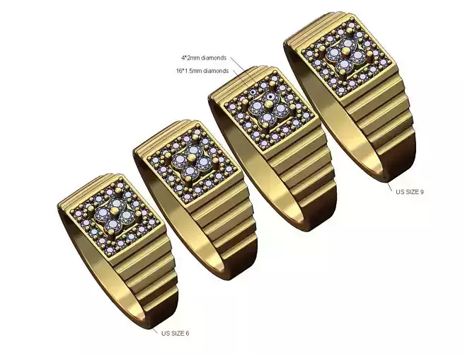 Undulated square diamond cluster top ring US sizes 6to9