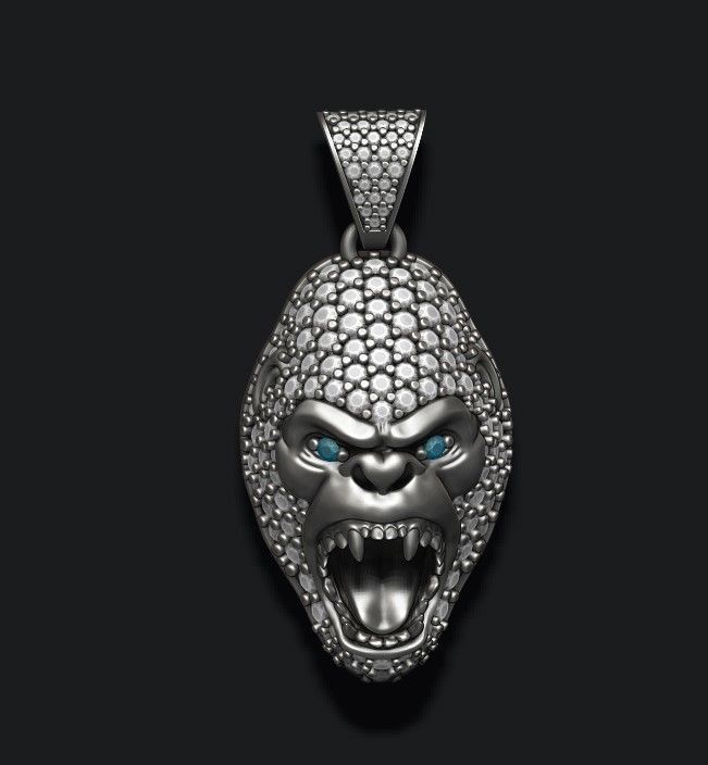Gorilla head pendant with gems 3D print model_1