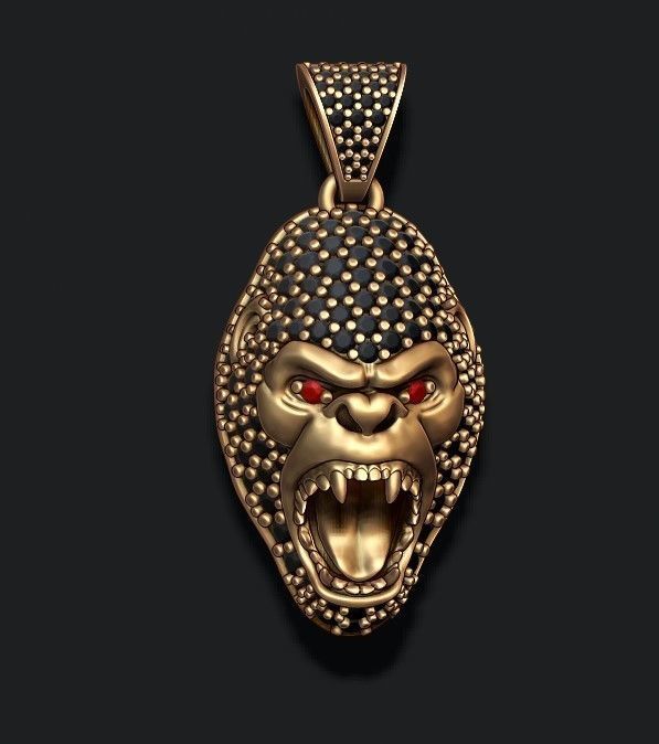 Gorilla head pendant with gems 3D print model_2