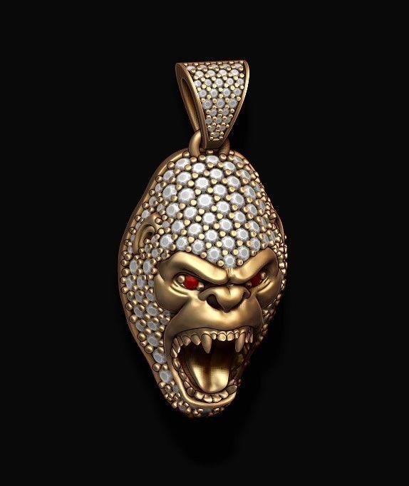 Gorilla head pendant with gems 3D print model_6
