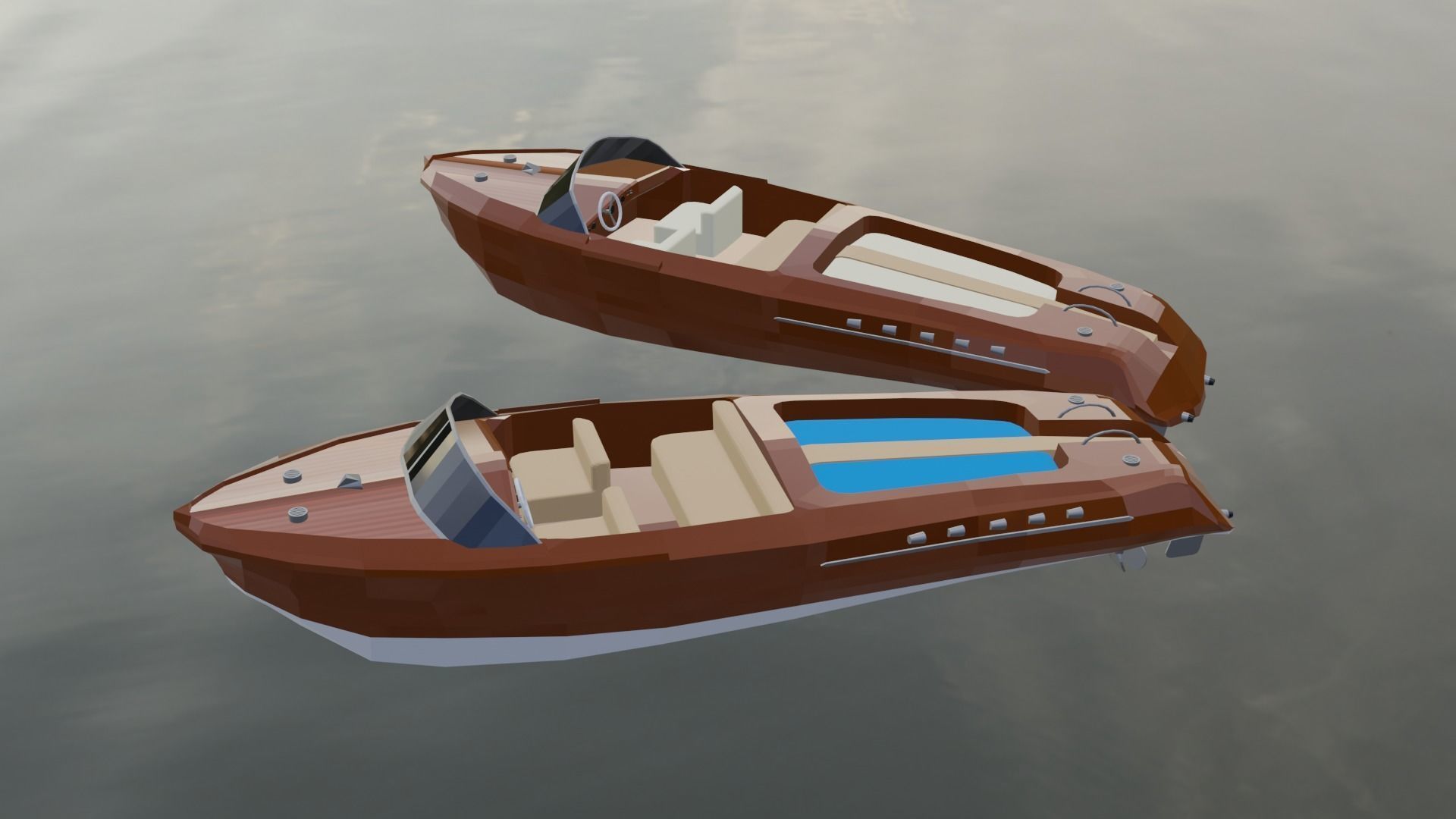 Low Poly Boat two motor boats floating in water Low-poly 3D model_3