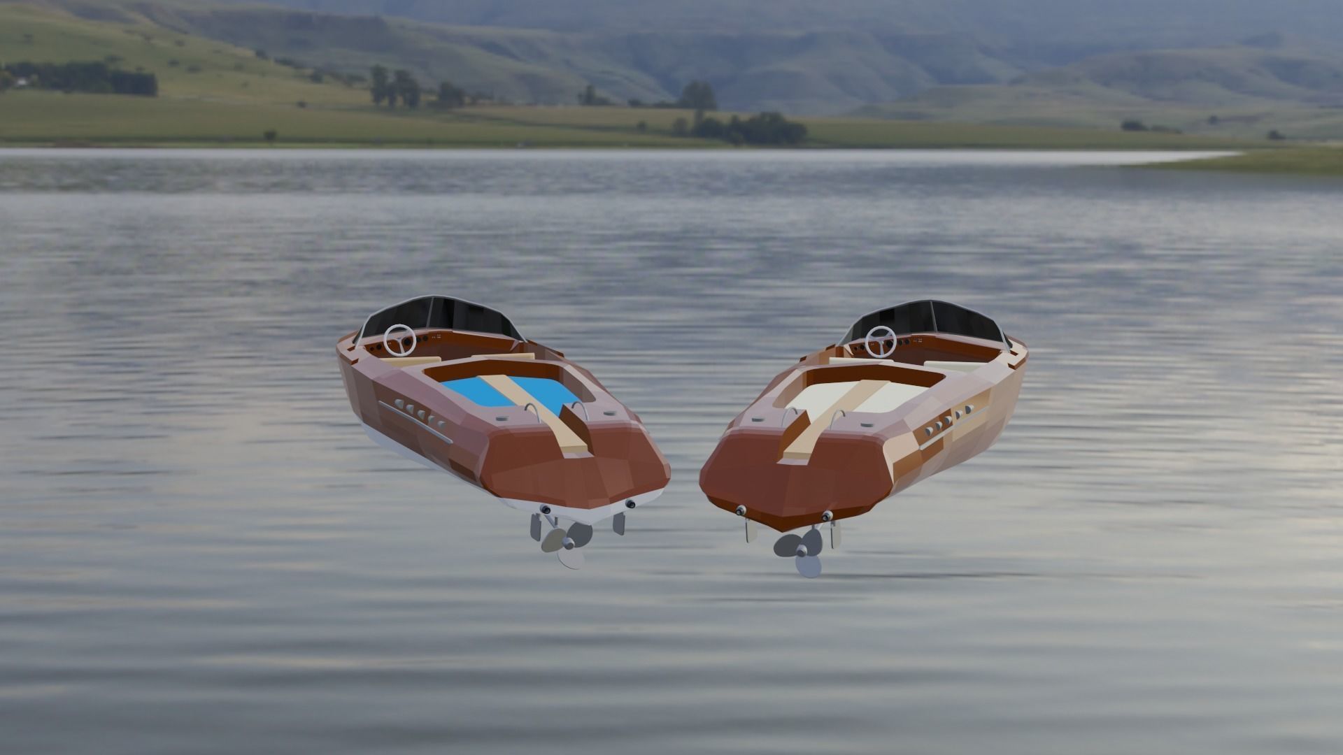 Low Poly Boat two motor boats floating in water Low-poly 3D model_2