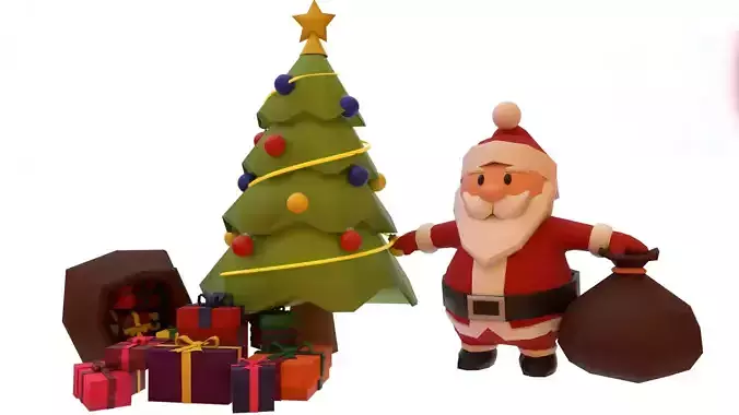 Christmas Tree And Santa with Presents Low-poly 3D model