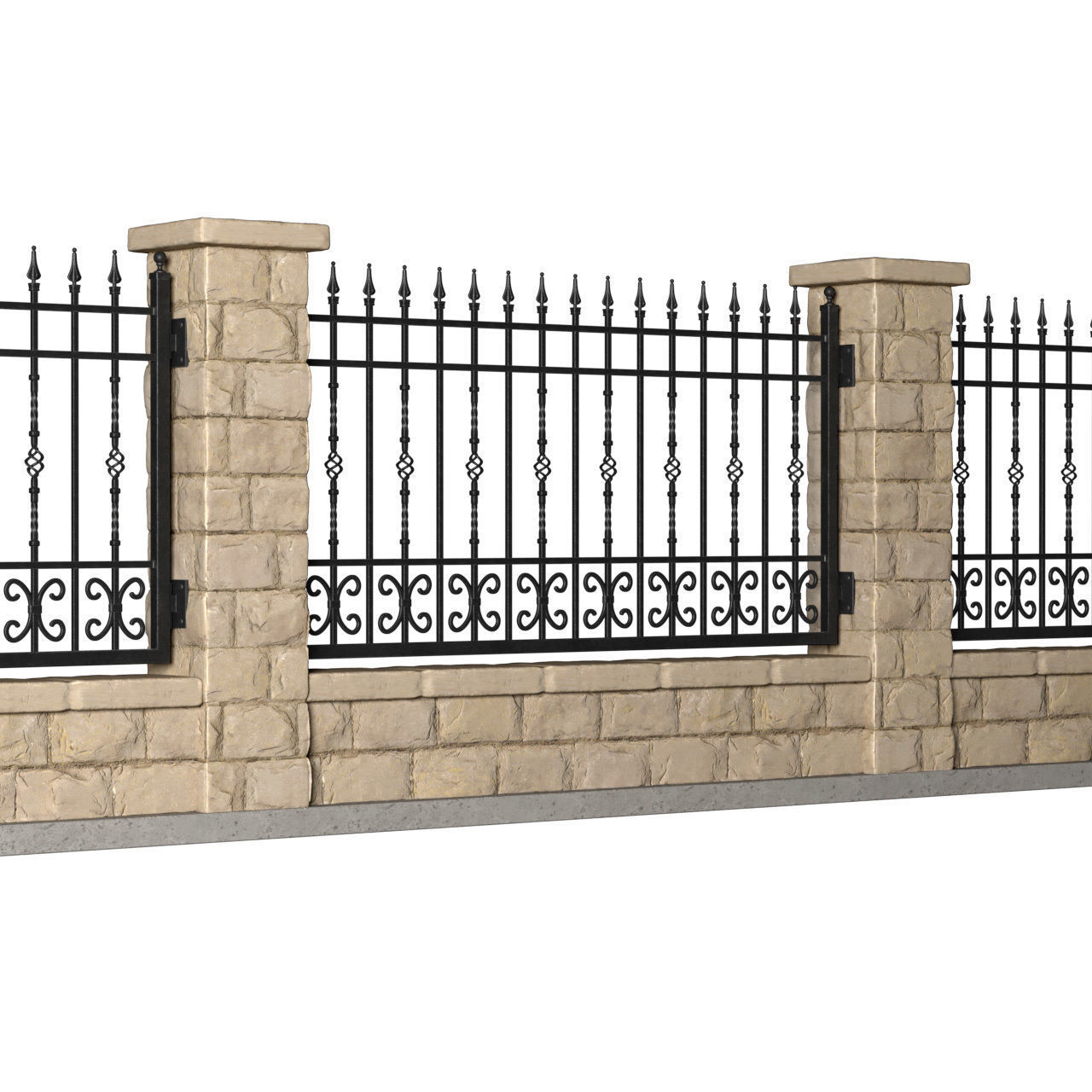Entrance Driveway Iron Fence Pillars 3D model_2
