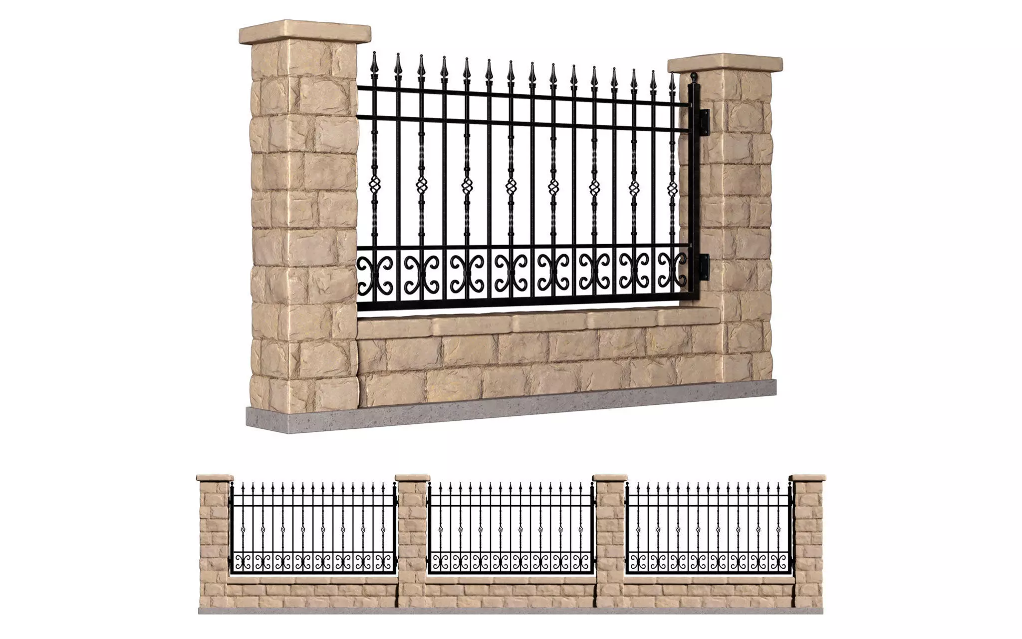 Entrance Driveway Iron Fence Pillars 3D model_0