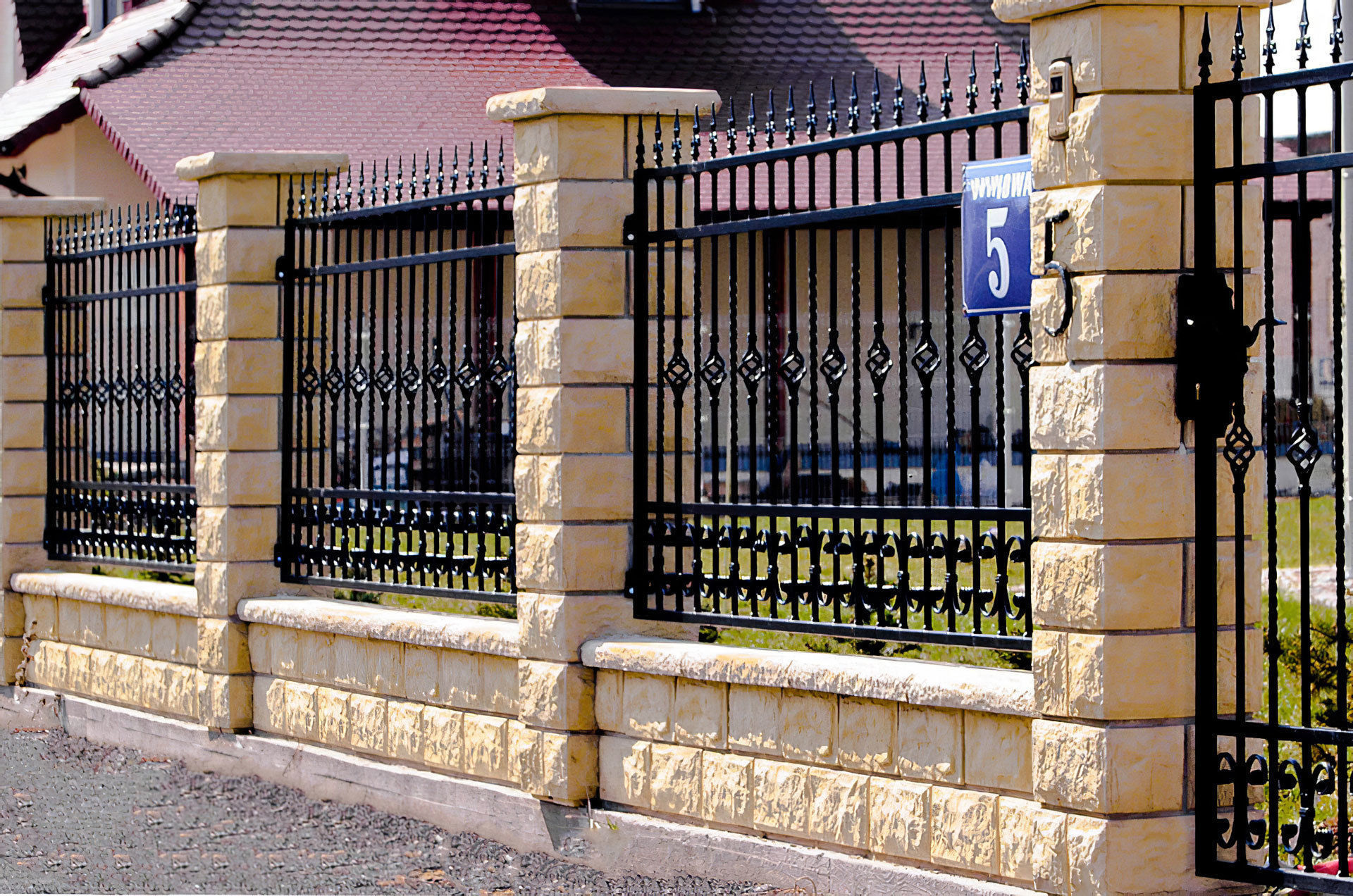 Entrance Driveway Iron Fence Pillars 3D model_4