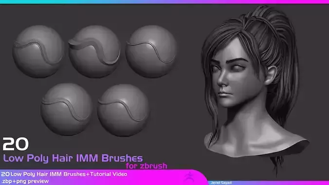 20 lowpoly hair imm brush for zbrush Low-poly 3D model