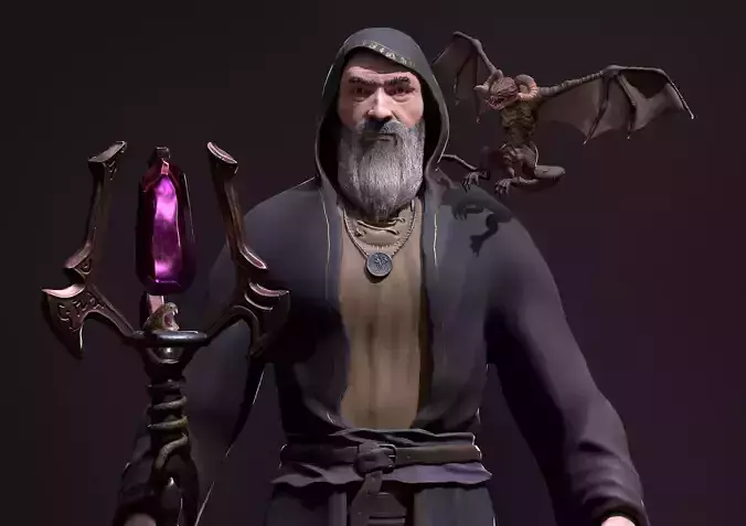 Wizard with Dragon Low-poly 3D model