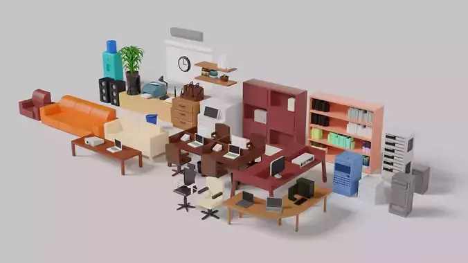3d lowpoly simple office furniture and objects assets Low-poly 3D model