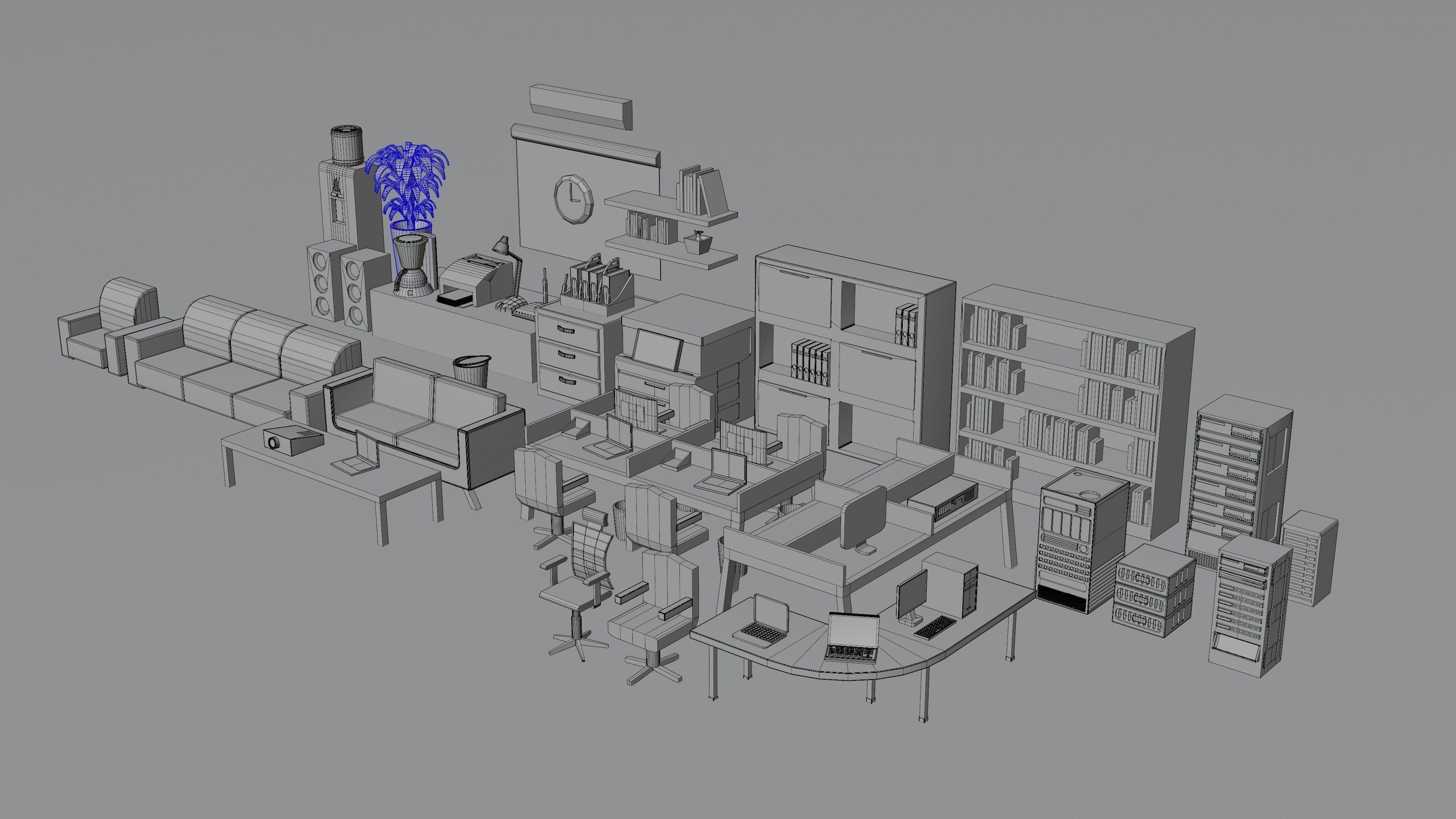 3d lowpoly simple office furniture and objects assets Low-poly 3D model_1