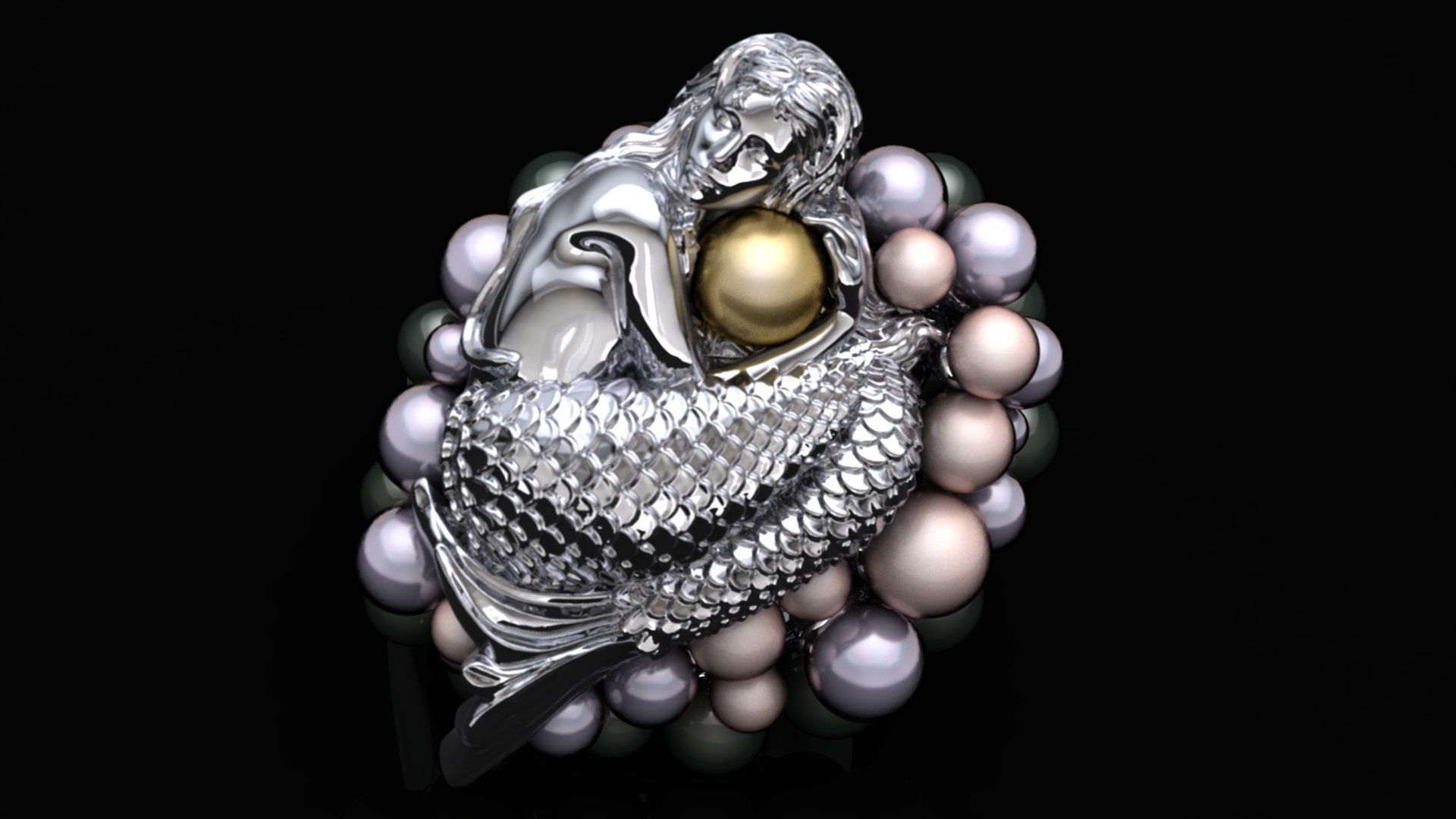 Mermaid ring with pearls 3D print model_5