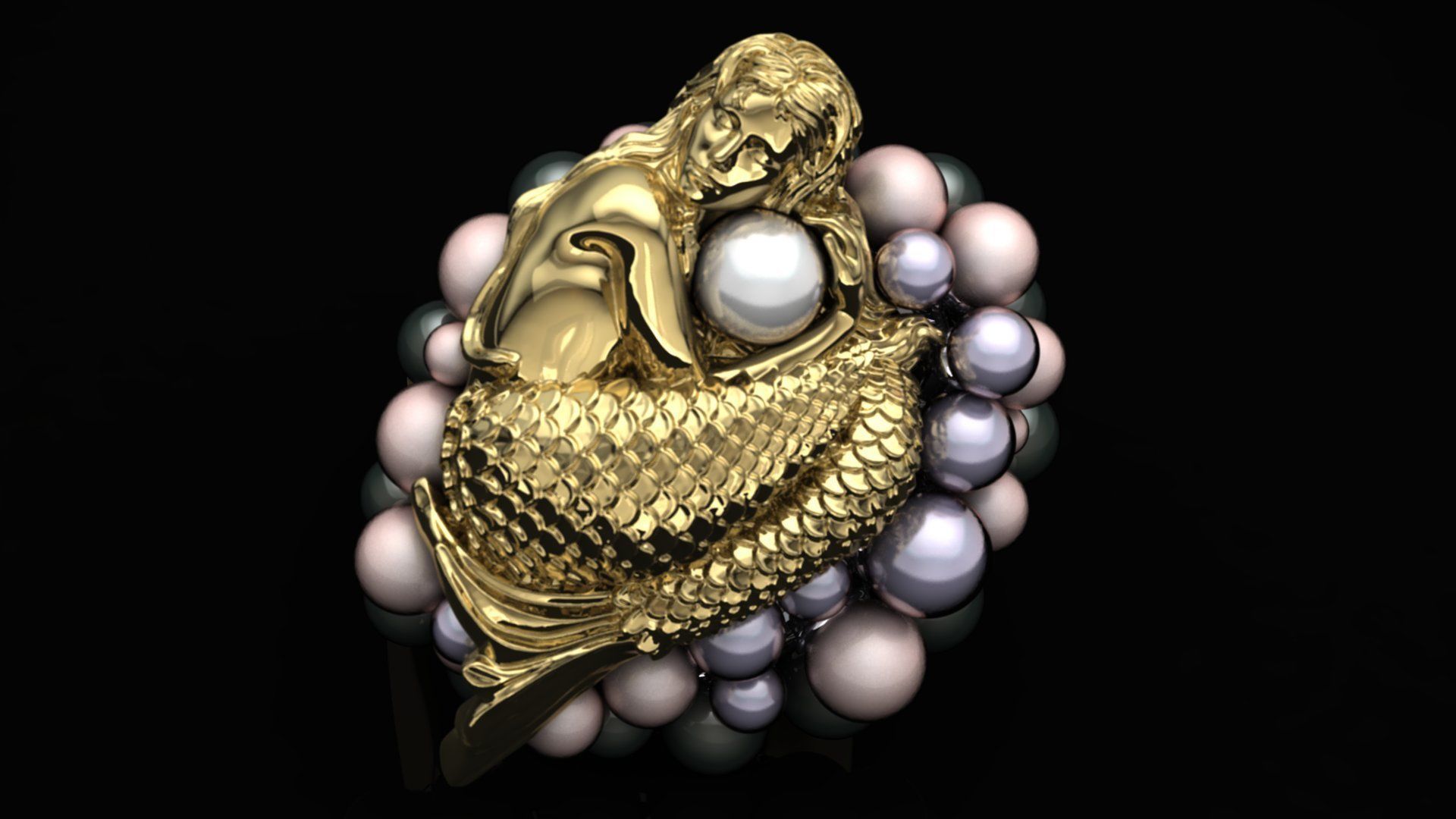 Mermaid ring with pearls 3D print model_1