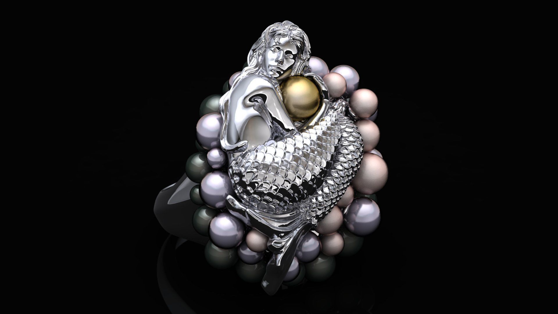 Mermaid ring with pearls 3D print model_4