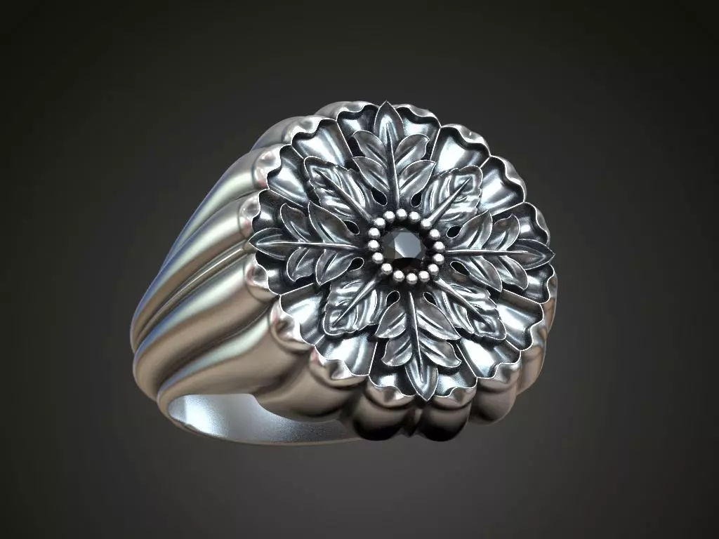 Ring for him for her leaves round gem size range 3D print model_0