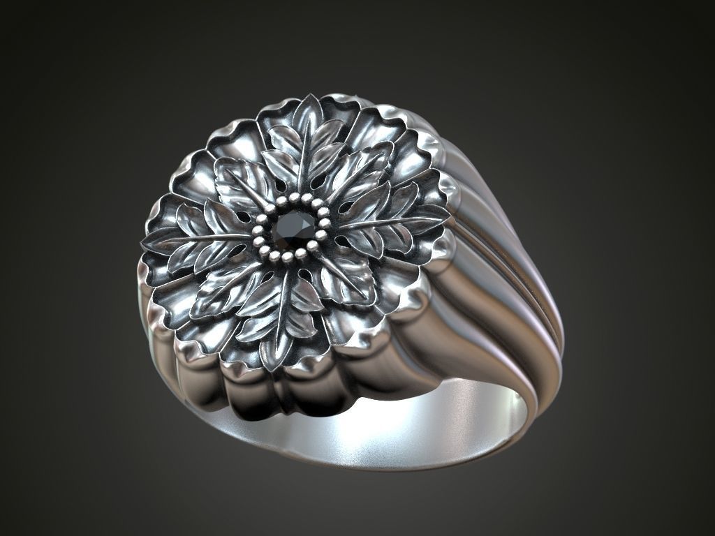 Ring for him for her leaves round gem size range 3D print model_1