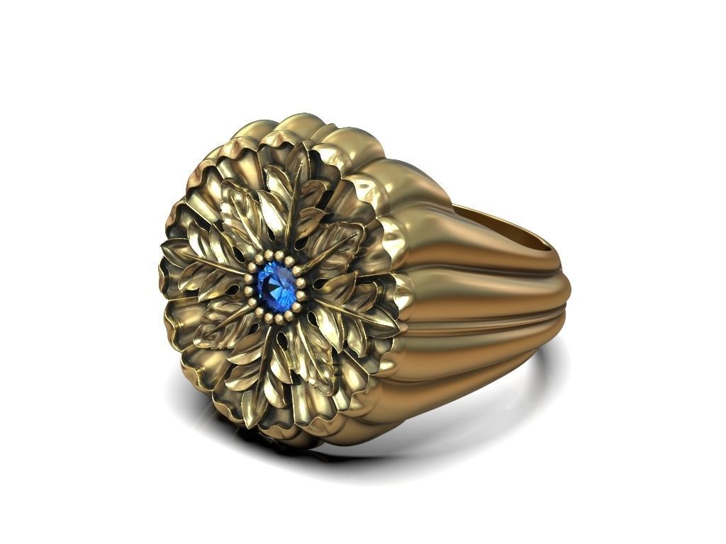 Ring for him for her leaves round gem size range 3D print model_3