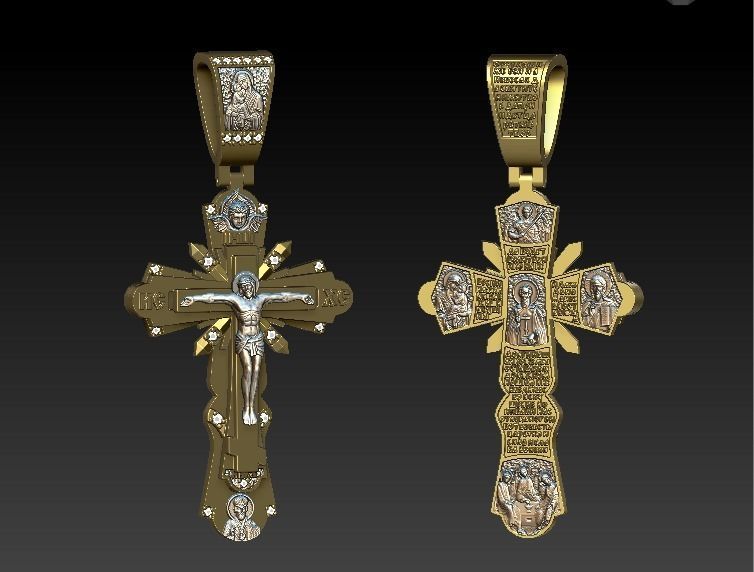 Slavic cross with diamonds saints and prayer 3D print model_6