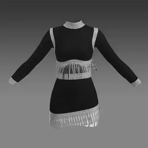 TWO PIECES BLOUSE AND SKIRT COLLAR BELT SLIT DETAIL TASSEL 