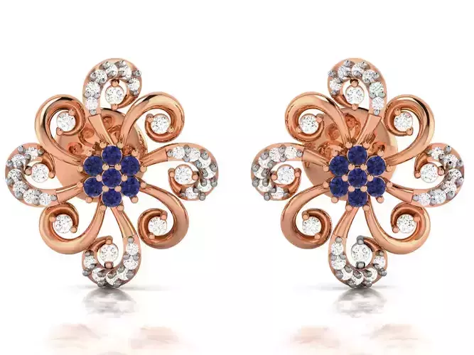 Diamond flower Women earrings 3dm render detail