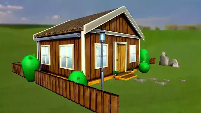 Set of stylized house bushes trees well stones fence PBR Low-poly 3D model