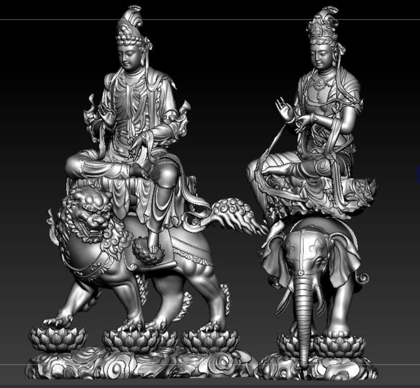 Buddha and Bodhisattvas Manjushri and Samantabhadra Bodhisattva 3D print model_5