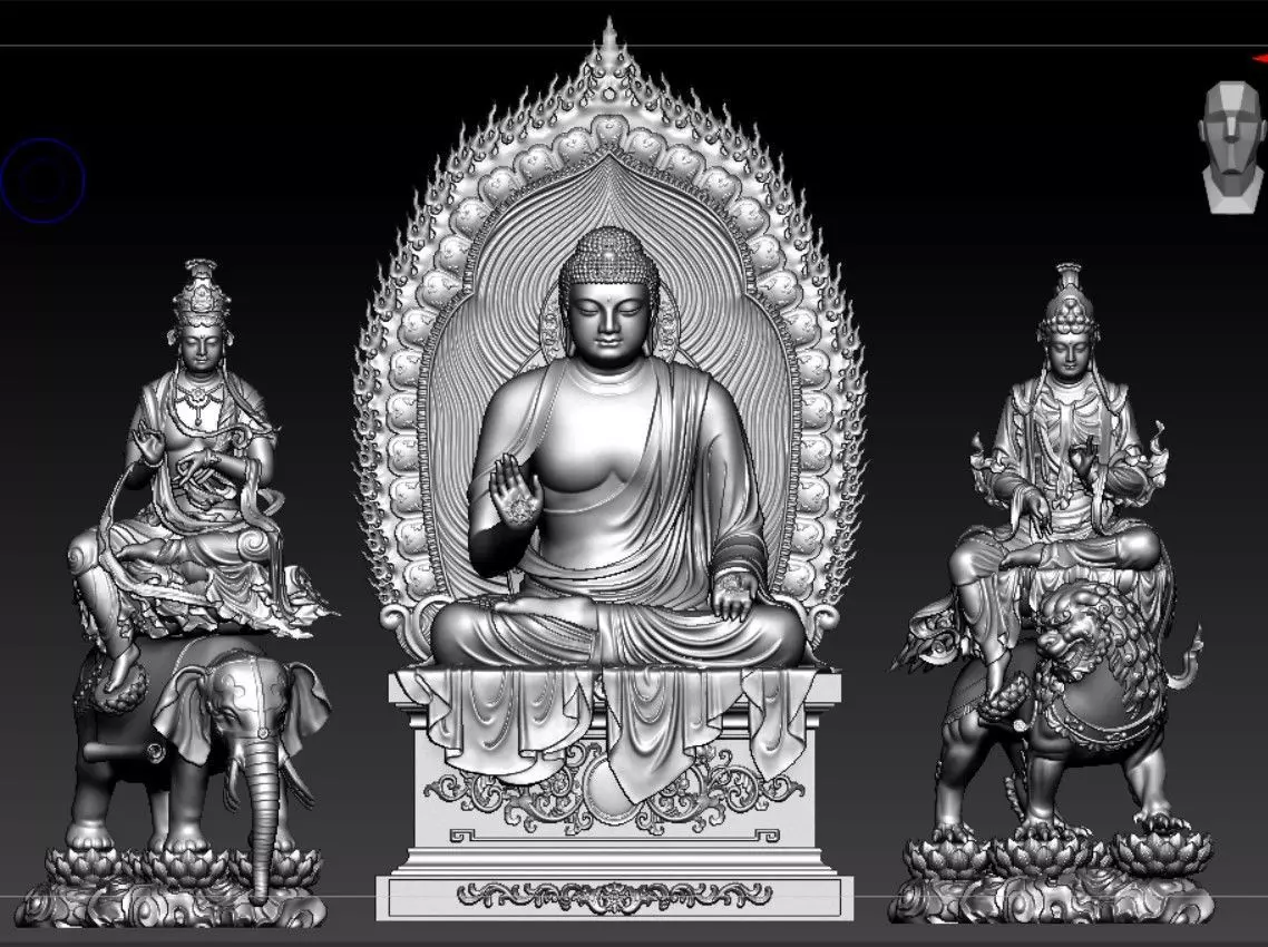 Buddha and Bodhisattvas Manjushri and Samantabhadra Bodhisattva 3D print model_0